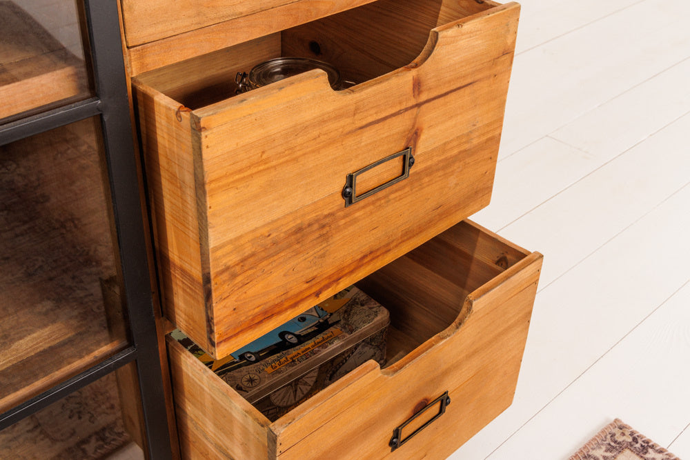 Buffet massif HERITAGE 148 cm pin naturel portes industrielles vitrine métal - 40881