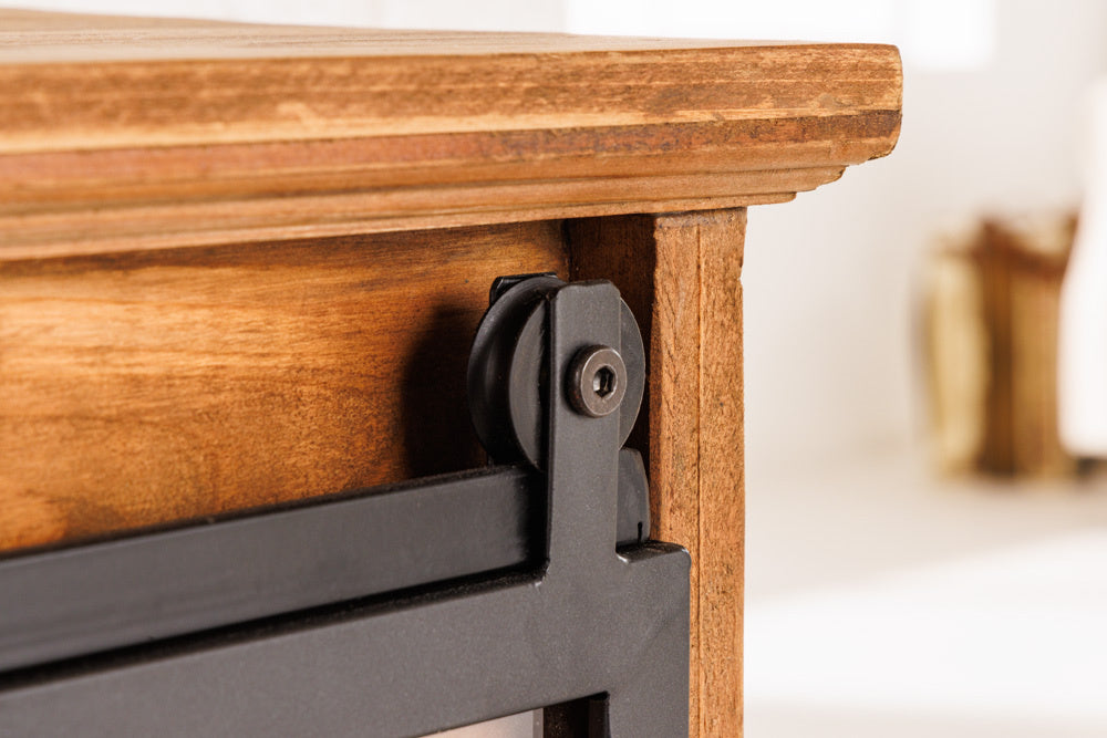 Buffet massif HERITAGE 148 cm pin naturel portes industrielles vitrine métal - 40881