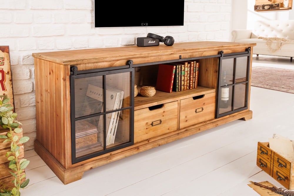 Buffet massif HERITAGE 160 cm pin naturel portes industrielles vitrine métal - 40882