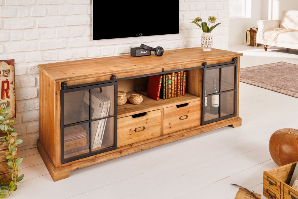Buffet massif HERITAGE 160 cm pin naturel portes industrielles vitrine métal - 40882