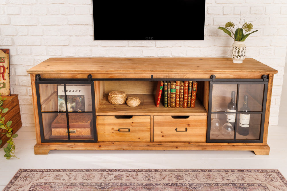 Buffet massif HERITAGE 160 cm pin naturel portes industrielles vitrine métal - 40882