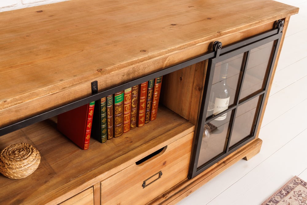 Buffet massif HERITAGE 160 cm pin naturel portes industrielles vitrine métal - 40882