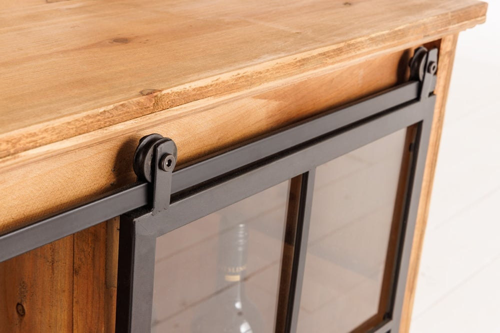 Buffet massif HERITAGE 160 cm pin naturel portes industrielles vitrine métal - 40882