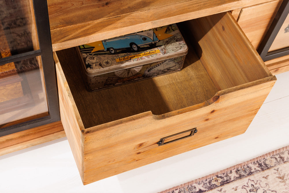 Buffet massif HERITAGE 160 cm pin naturel portes industrielles vitrine métal - 40882
