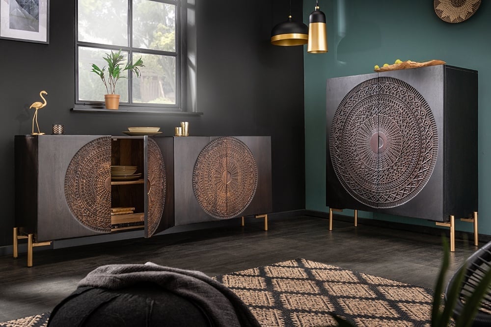 Buffet massif MANDALA 120cm en manguier pieds dorés noir - 41105