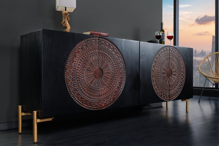 Buffet massif MANDALA 160cm en manguier pieds dorés noir - 41121