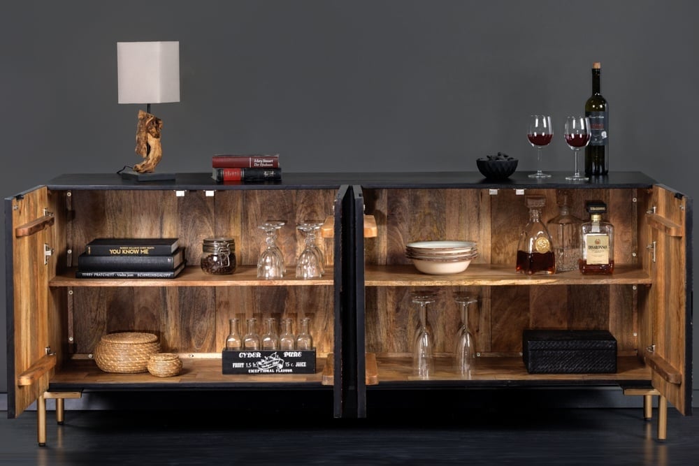 Buffet massif MANDALA 160cm en manguier pieds dorés noir - 41121