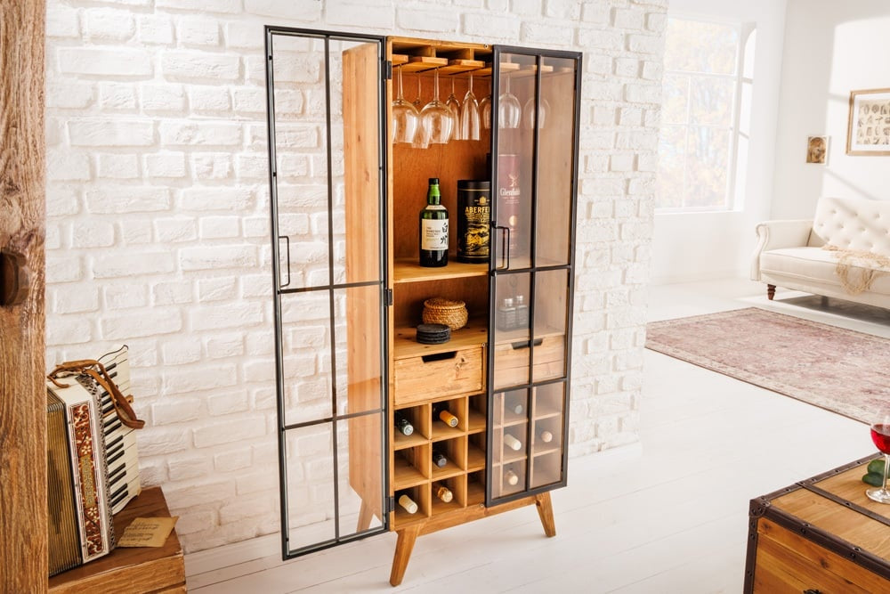 Vitrine solide SEVEN SEAS 150cm pin naturel portes industrielles meuble de bar en métal - 41196