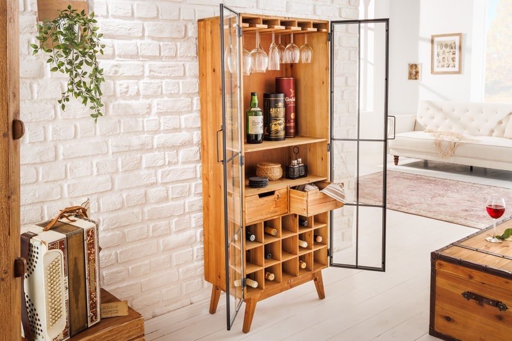 Vitrine solide SEVEN SEAS 150cm pin naturel portes industrielles meuble de bar en métal - 41196