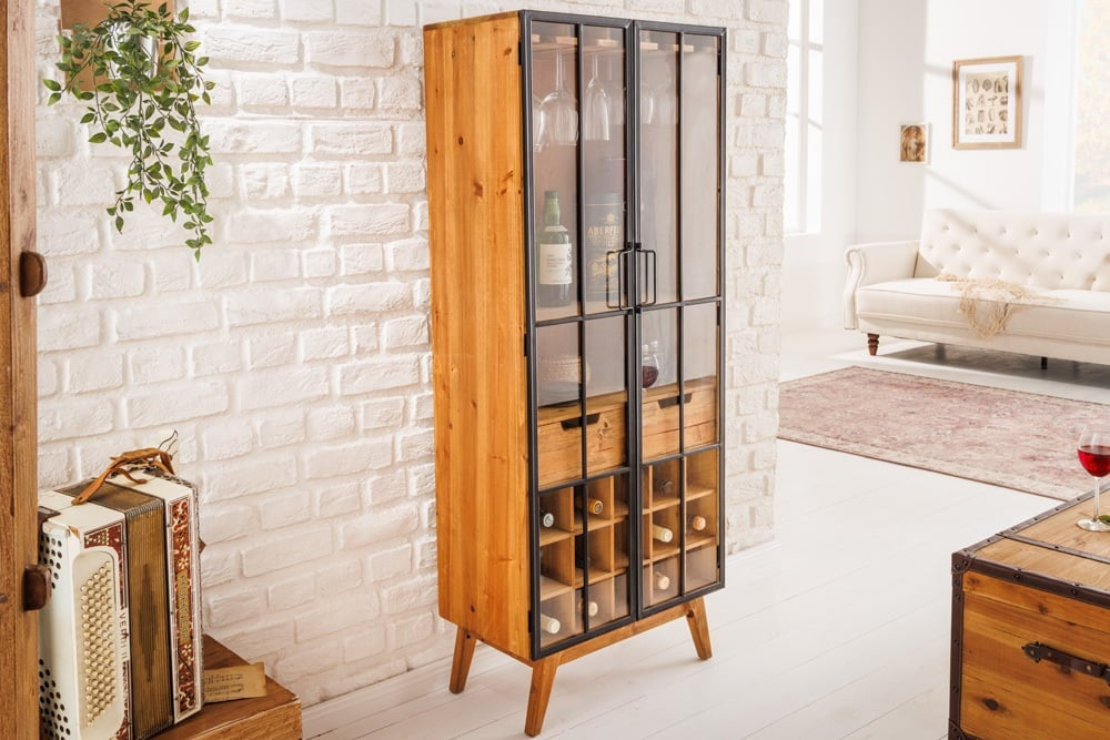 Vitrine solide SEVEN SEAS 150cm pin naturel portes industrielles meuble de bar en métal - 41196