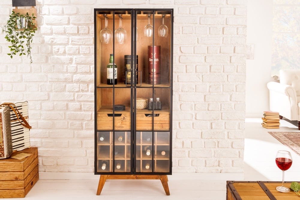 Vitrine solide SEVEN SEAS 150cm pin naturel portes industrielles meuble de bar en métal - 41196