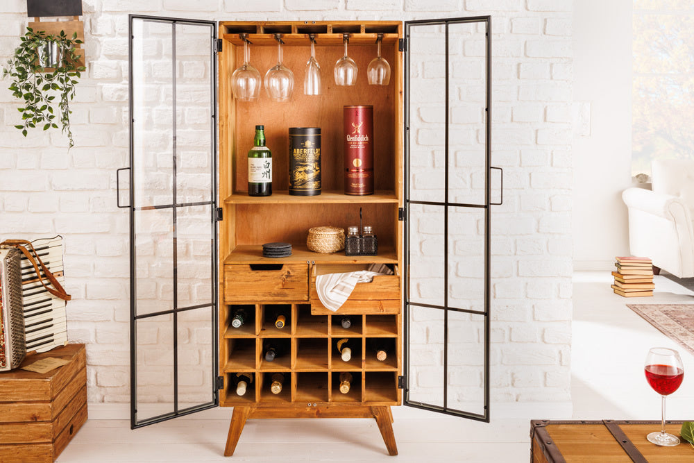 Vitrine solide SEVEN SEAS 150cm pin naturel portes industrielles meuble de bar en métal - 41196