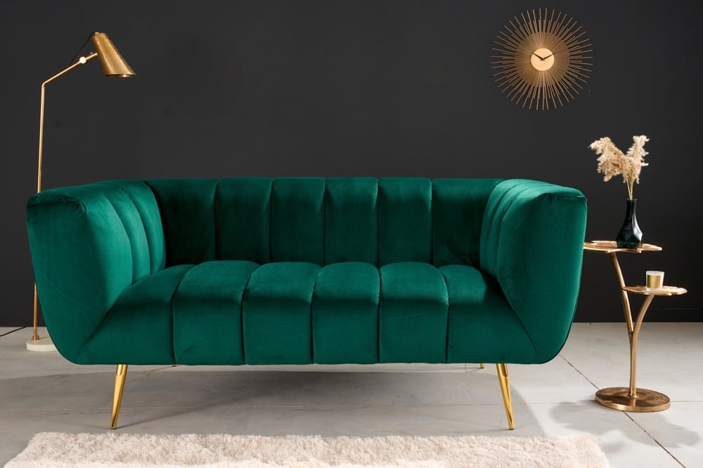 Canapé 2 places rétro NOBLESSE Canapé 2 places 165 cm en velours vert émeraude avec matelassage décoratif - 41247