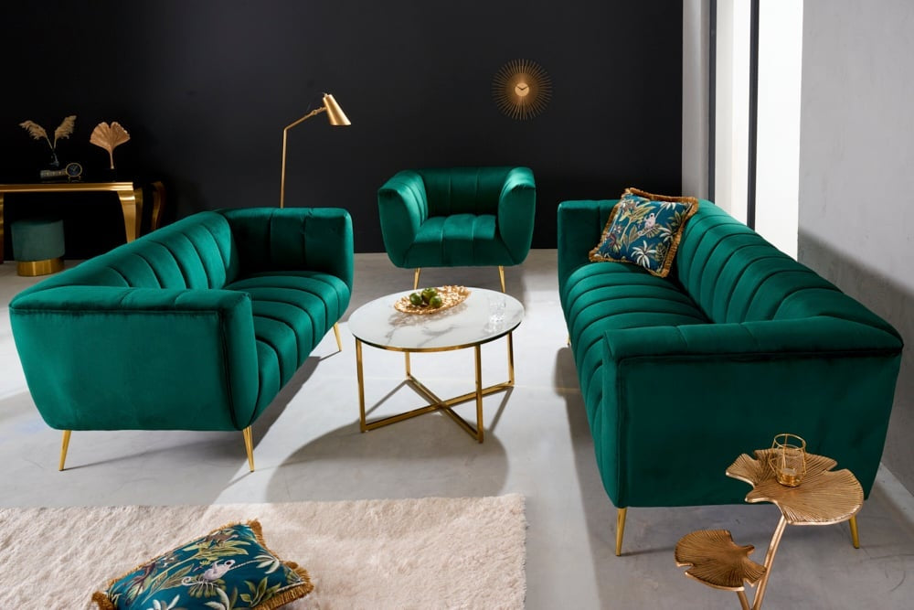 Canapé 2 places rétro NOBLESSE Canapé 2 places 165 cm en velours vert émeraude avec matelassage décoratif - 41247