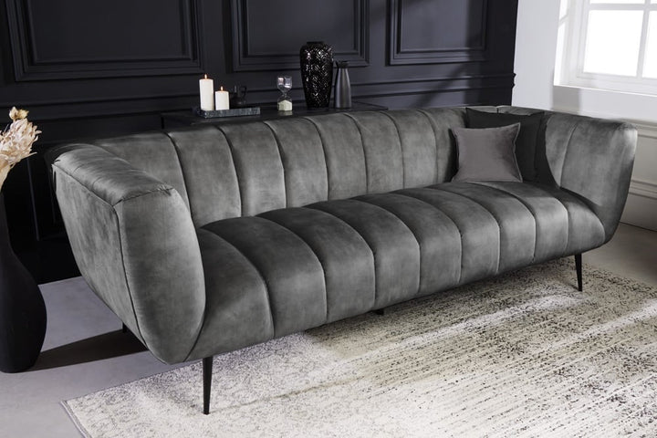 Canapé rétro 3 places NOBLESSE 225cm velours gris 3 places avec matelassage décoratif - 41248