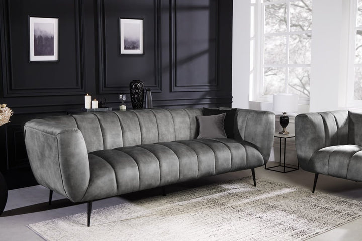 Canapé rétro 3 places NOBLESSE 225cm velours gris 3 places avec matelassage décoratif - 41248