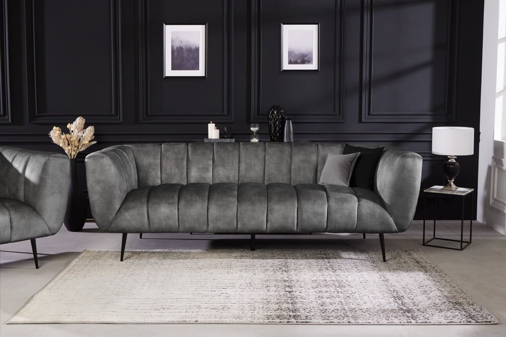 Canapé rétro 3 places NOBLESSE 225cm velours gris 3 places avec matelassage décoratif - 41248