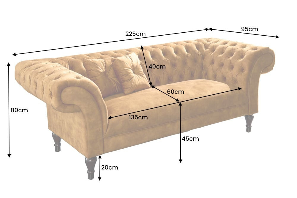 Canapé lounge Chesterfield Design 3 places PARIS 225cm velours jaune moutarde 3 places avec coussins - 41249