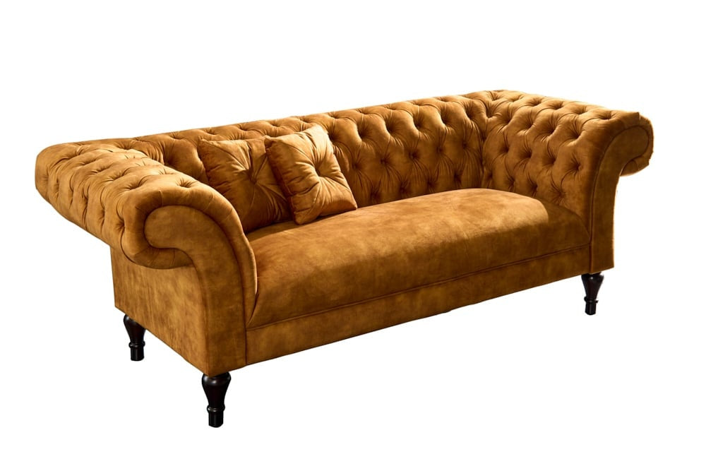 Canapé lounge Chesterfield Design 3 places PARIS 225cm velours jaune moutarde 3 places avec coussins - 41249