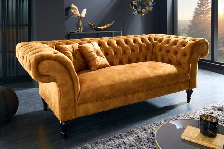 Canapé lounge Chesterfield Design 3 places PARIS 225cm velours jaune moutarde 3 places avec coussins - 41249