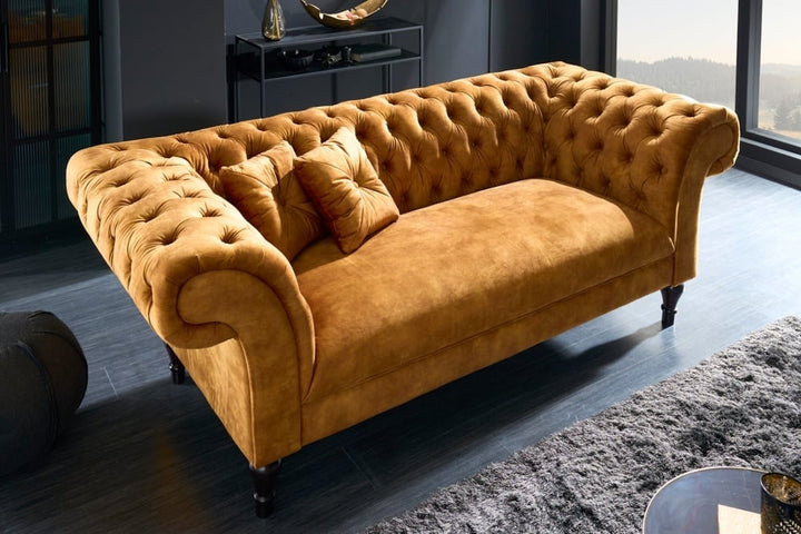 Canapé lounge Chesterfield Design 3 places PARIS 225cm velours jaune moutarde 3 places avec coussins - 41249