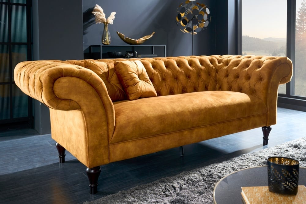 Canapé lounge Chesterfield Design 3 places PARIS 225cm velours jaune moutarde 3 places avec coussins - 41249