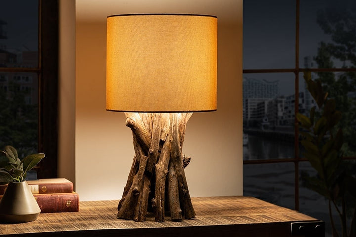 Lampe de table en bois massif HARMONY NATURE 50cm teck beige abat-jour en lin - 41385