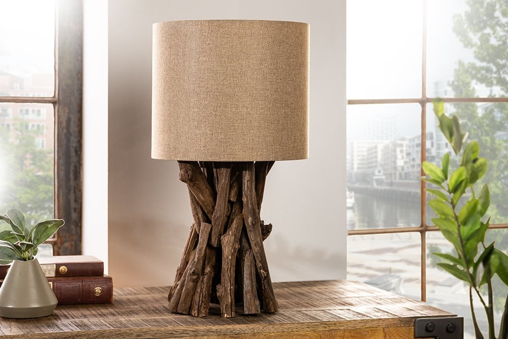 Lampe de table en bois massif HARMONY NATURE 50cm teck beige abat-jour en lin - 41385
