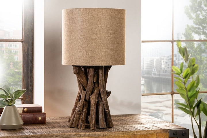 Lampe de table en bois massif HARMONY NATURE 50cm teck beige abat-jour en lin - 41385