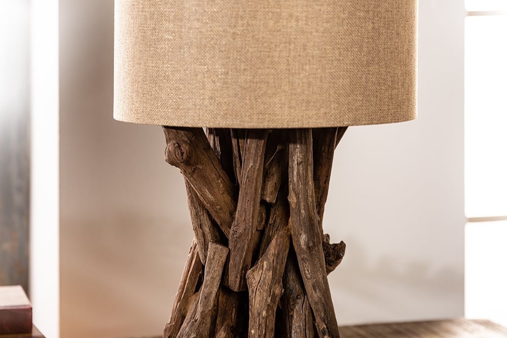Lampe de table en bois massif HARMONY NATURE 50cm teck beige abat-jour en lin - 41385
