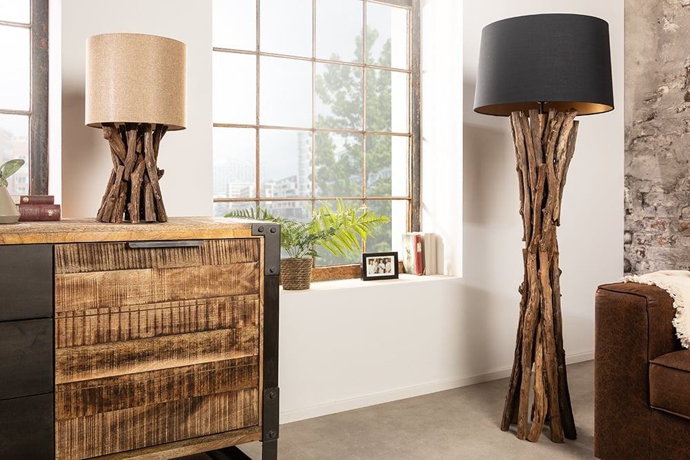 Lampe de table en bois massif HARMONY NATURE 50cm teck beige abat-jour en lin - 41385