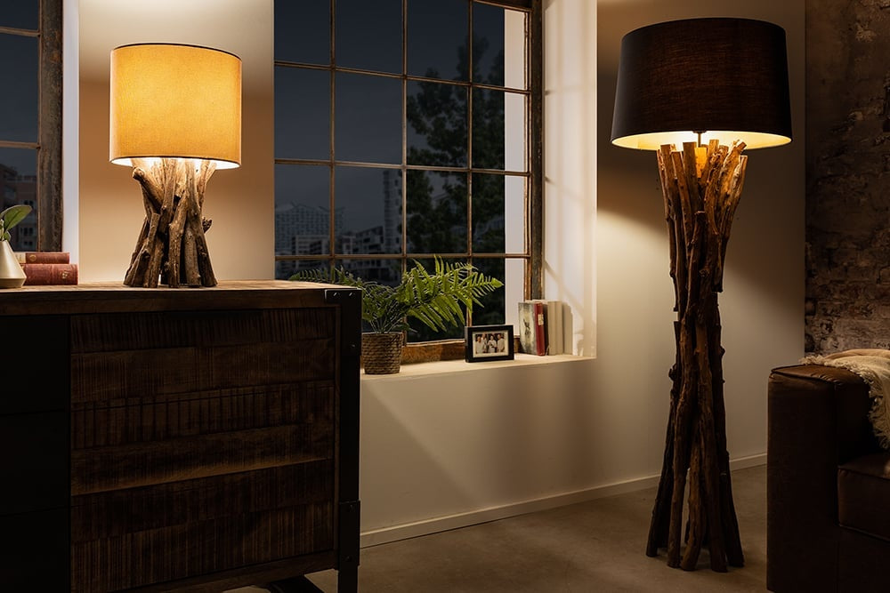 Lampe de table en bois massif HARMONY NATURE 50cm teck beige abat-jour en lin - 41385