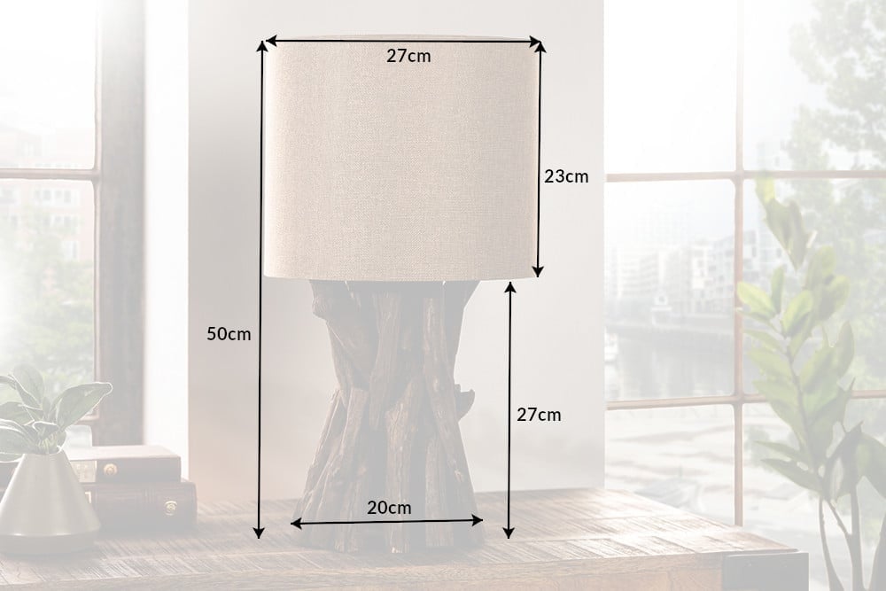 Lampe de table en bois massif HARMONY NATURE 50cm teck beige abat-jour en lin - 41385