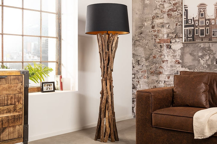 Lampadaire en bois massif HARMONY NATURE 151cm teck noir abat-jour en coton - 41386
