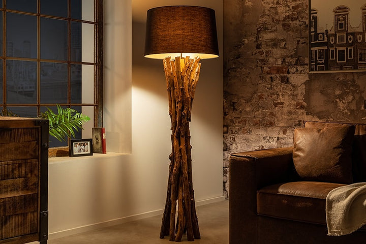 Lampadaire en bois massif HARMONY NATURE 151cm teck noir abat-jour en coton - 41386