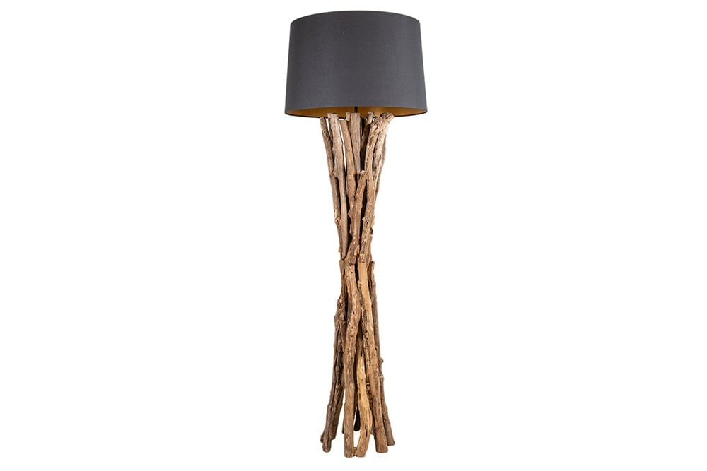 Lampadaire en bois massif HARMONY NATURE 151cm teck noir abat-jour en coton - 41386