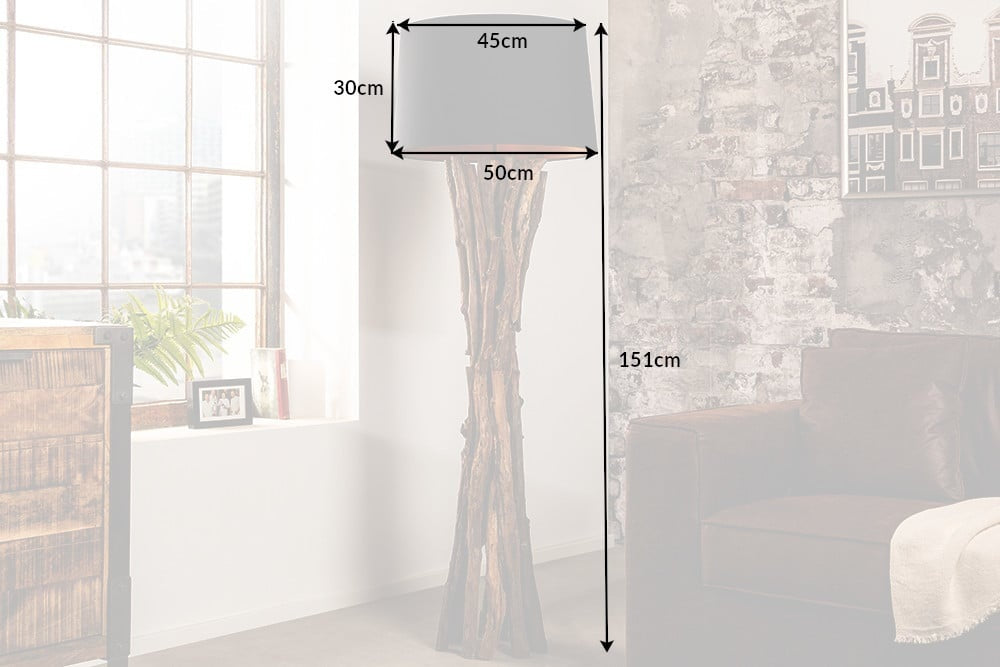 Lampadaire en bois massif HARMONY NATURE 151cm teck noir abat-jour en coton - 41386