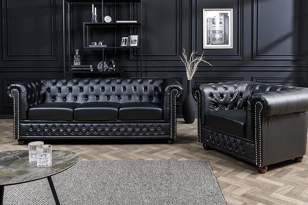 Canapé Chesterfield 3 places 205cm cuir artificiel noir rivets âme à ressorts - 41447