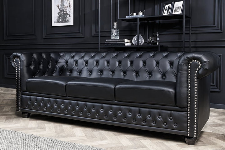 Canapé Chesterfield 3 places 205cm cuir artificiel noir rivets âme à ressorts - 41447