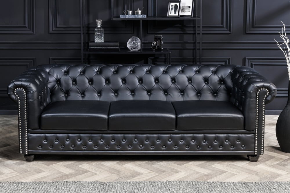 Canapé Chesterfield 3 places 205cm cuir artificiel noir rivets âme à ressorts - 41447