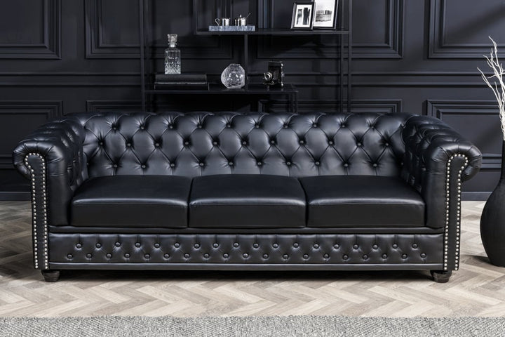 Canapé Chesterfield 3 places 205cm cuir artificiel noir rivets âme à ressorts - 41447