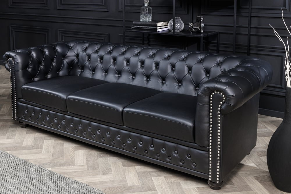 Canapé Chesterfield 3 places 205cm cuir artificiel noir rivets âme à ressorts - 41447