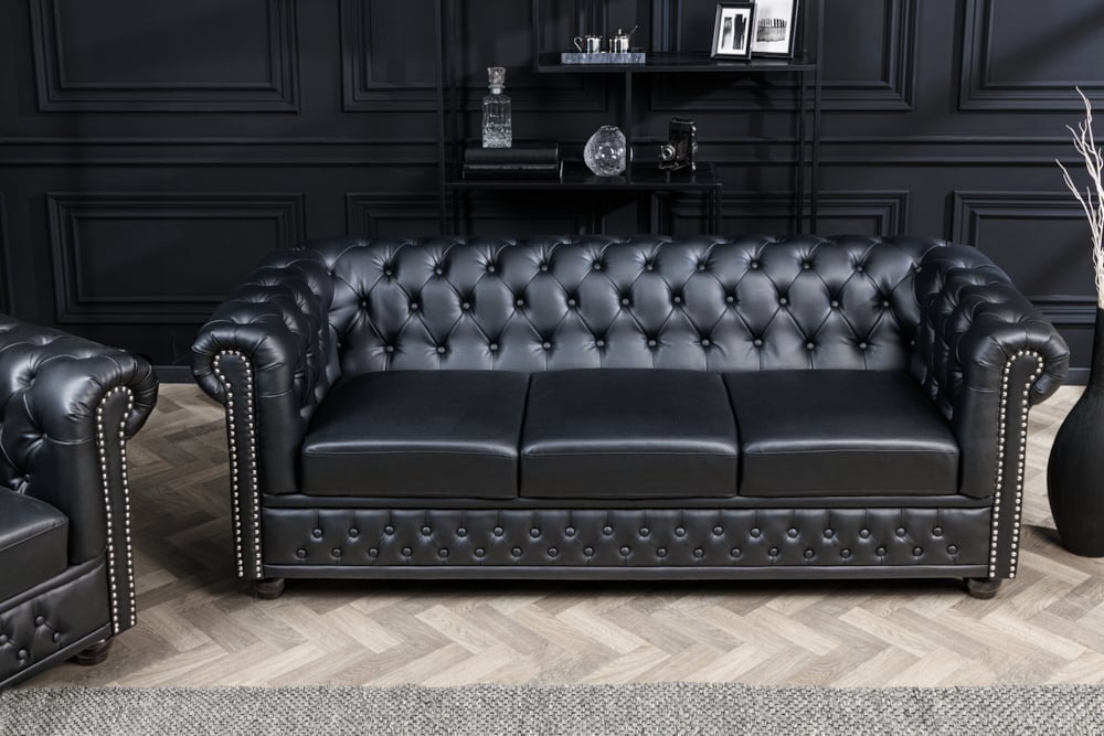 Canapé Chesterfield 3 places 205cm cuir artificiel noir rivets âme à ressorts - 41447