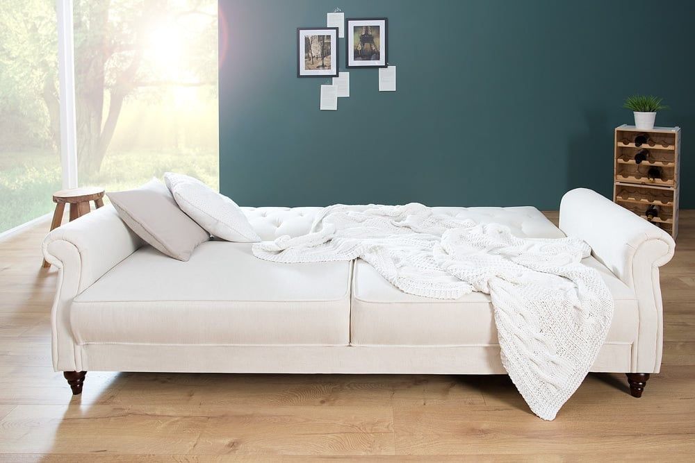 Canapé Chesterfield 3 places MAISON BELLE AFFAIRE 220cm tissu structuré naturel avec fonction couchage - 41498