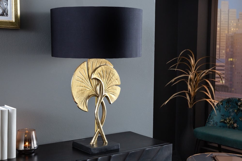 Lampe de table décorative GINKGO 62cm lampe sculpture en métal doré noir avec socle en marbre - 41530