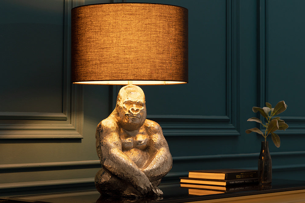 Lampe de table faite main KONG 60cm métal argenté singe gorille lampe décorative abat-jour noir - 41688
