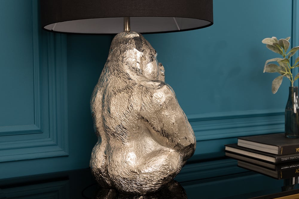 Lampe de table faite main KONG 60cm métal argenté singe gorille lampe décorative abat-jour noir - 41688