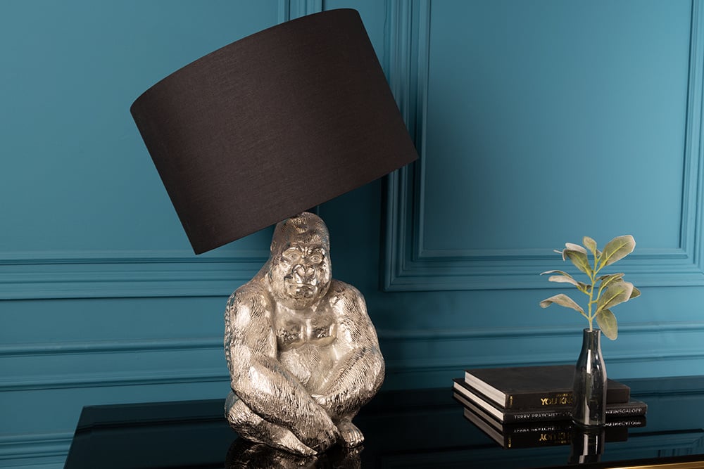 Lampe de table faite main KONG 60cm métal argenté singe gorille lampe décorative abat-jour noir - 41688