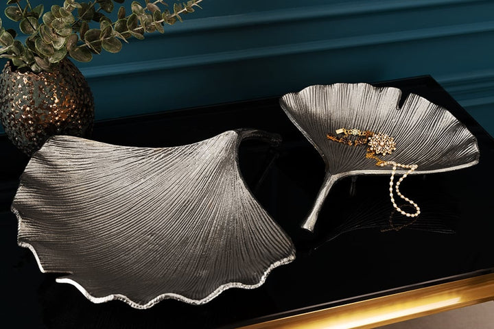 Bol décoratif GINKGO 42cm métal argenté fait main - 41776