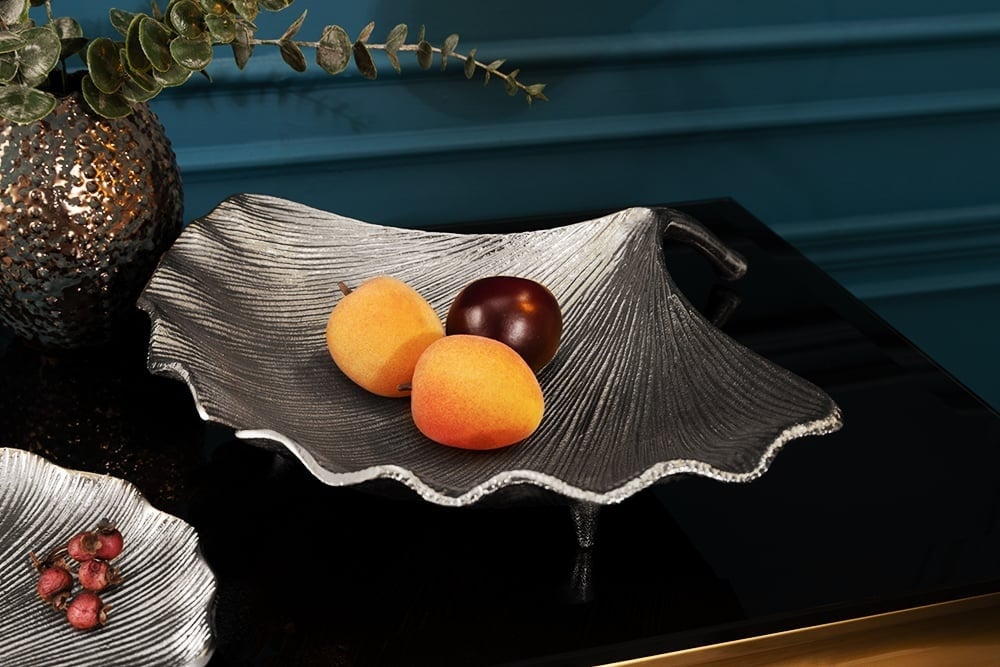 Bol décoratif GINKGO 42cm métal argenté fait main - 41776
